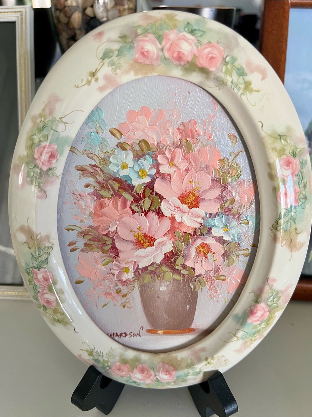 Vintage Mid-Century Impasto Floral Oil Paintings Pair Oval Rose Frames Signed.